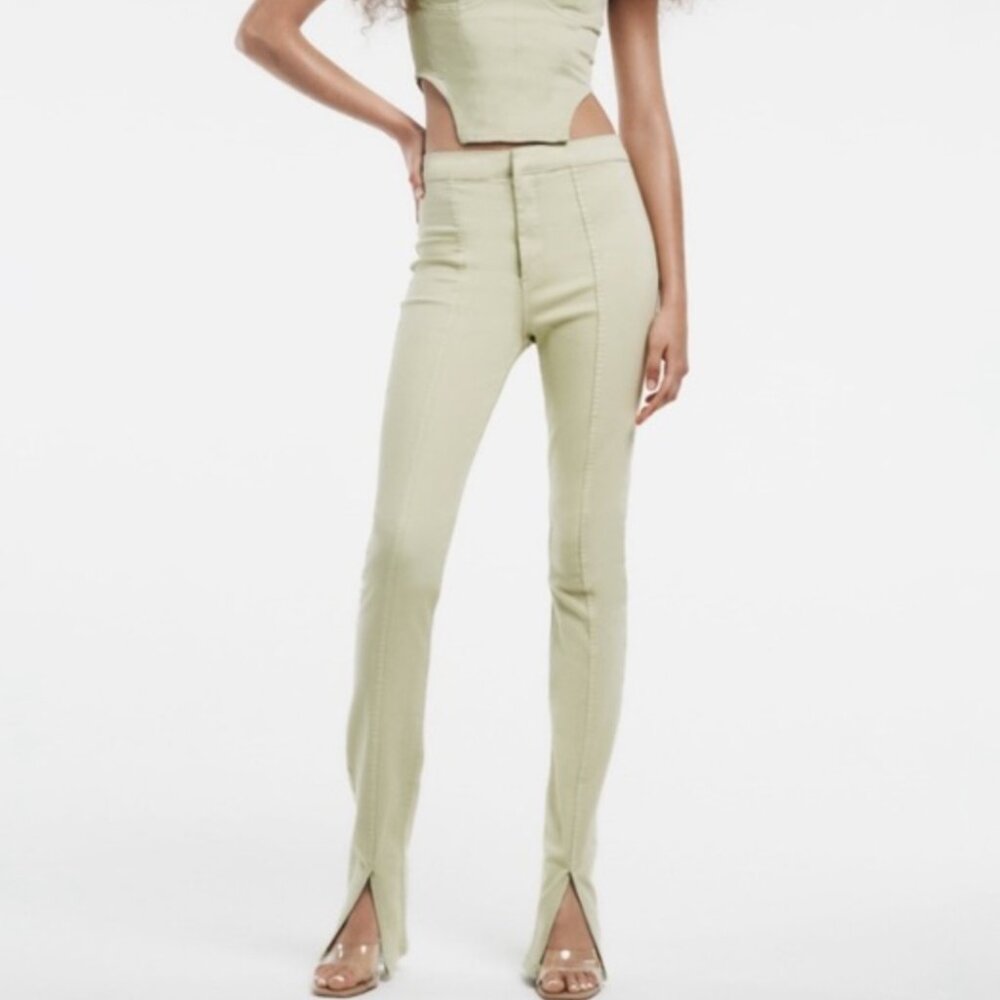 ZARA SPLIT HEM HIGH WAISTED SKINNY JEANS in Pastel Green
